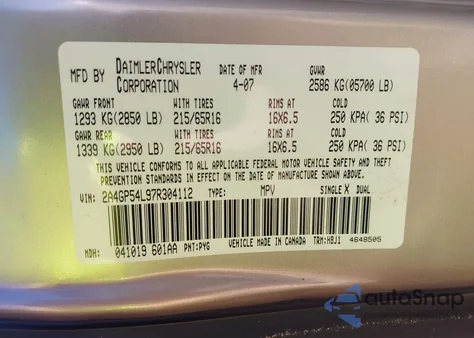 2007 Chrysler Town & Country Touring z USA, uszkodzony, nr VIN 2A4GP54L97R304112